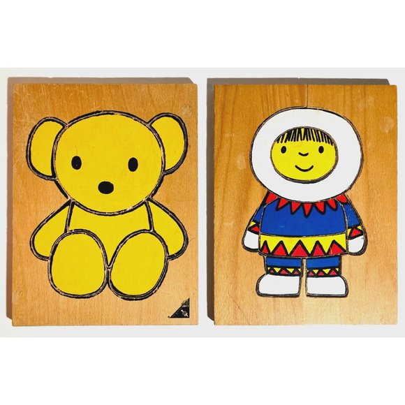 Ravensburger Wooden Jigsaw Puzzles 8-Piece (2) Teddy Bear & Eskimo Vintage 1970s - Picture 1 of 9